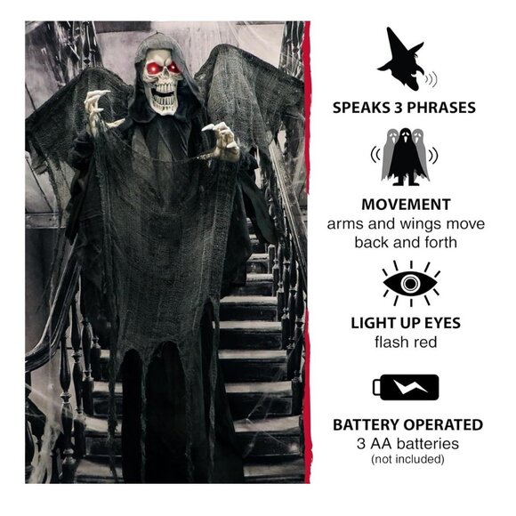 Life-Size 5.25 ft Animatronic Skeleton Reaper with Wings with Lights and Sound - Picture 2 of 5